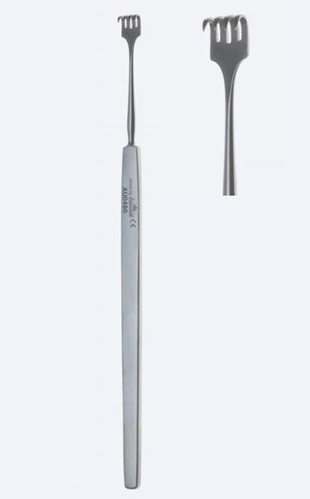 Ретрактори (ранорозширювачі), хірургічні, "Rollet", гострокінцеві, 4 зубці, тонкі, загальна довжина 130 мм, 5 1/8". Бренд - Asanus Medizintechnik Gmb, Німеччина